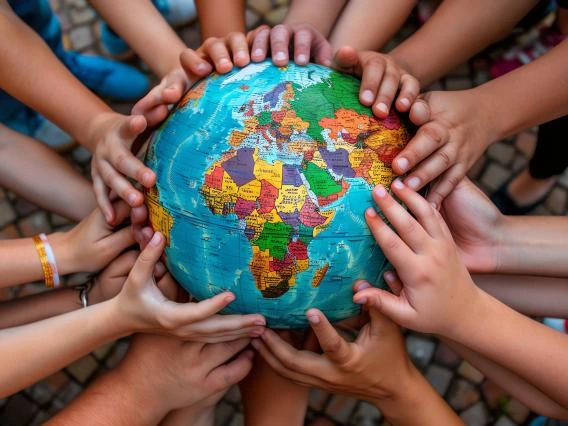 children with their hands on a globe